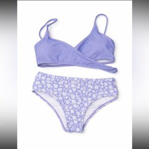Girls Size 10 Lavender Bikini Set Floral Bottoms Wrap Top Swimsuit